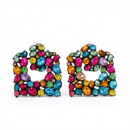 Pink Crystal and Cubic Zirconia Openwork Cluster Square Drop Earrings, drop earrings for women, side view