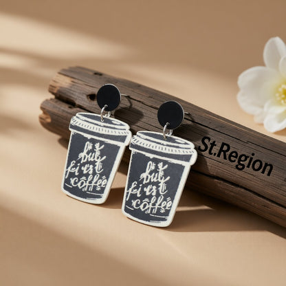 Black and Silver-Plated 'But First Coffee' Drop Earrings, silver drop earrings for women, everyday style, front view