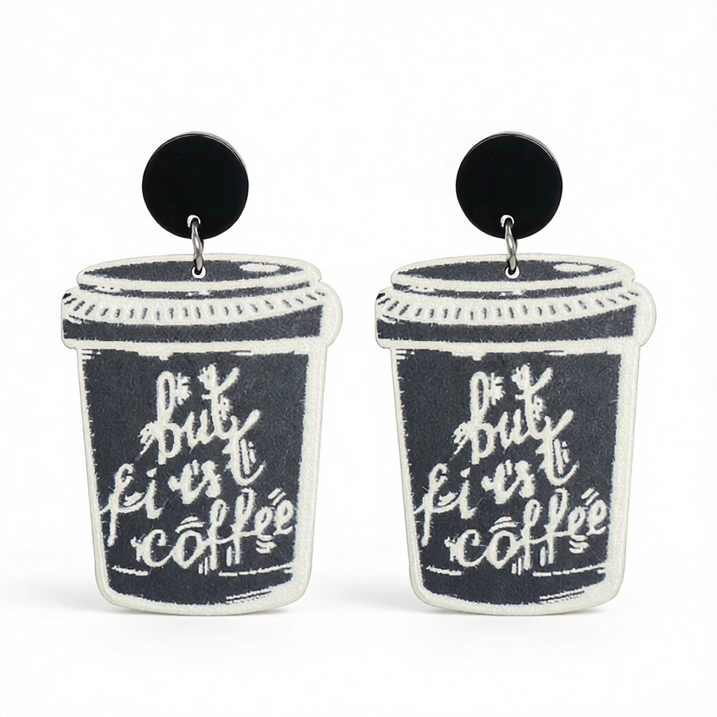 Black and Silver-Plated 'But First Coffee' Drop Earrings, silver drop earrings for women, everyday style, side view