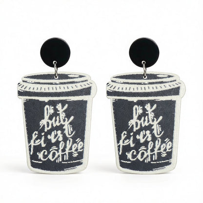 Black and Silver-Plated 'But First Coffee' Drop Earrings, silver drop earrings for women, everyday style, side view