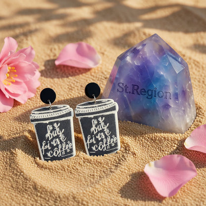 Black and Silver-Plated 'But First Coffee' Drop Earrings, silver drop earrings for women, everyday style, detail close-up