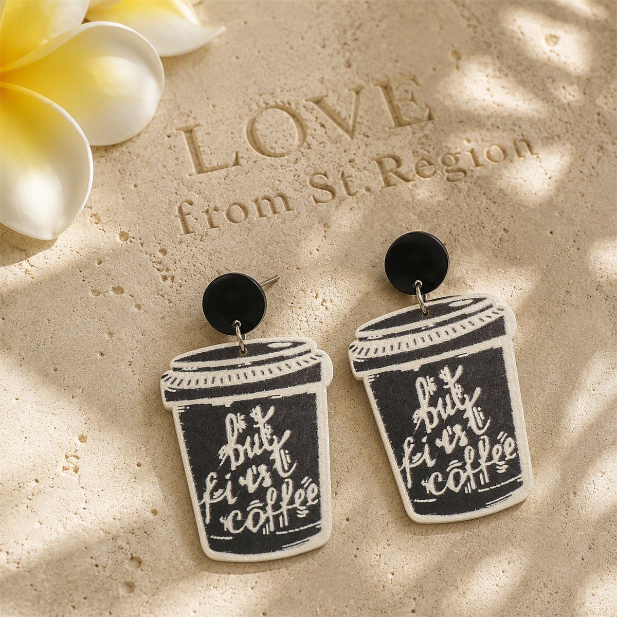 Black and Silver-Plated 'But First Coffee' Drop Earrings, silver drop earrings for women, everyday style, lifestyle look