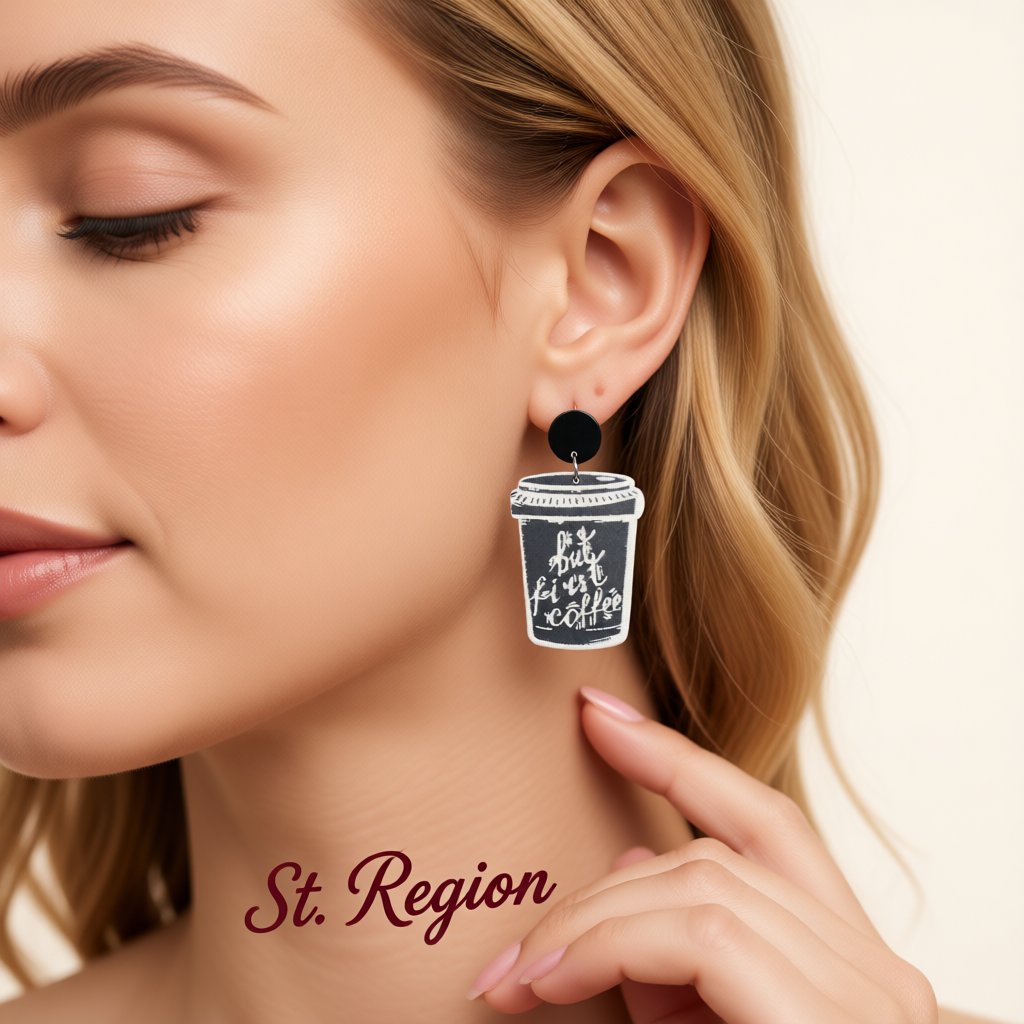 Black and Silver-Plated 'But First Coffee' Drop Earrings, silver drop earrings for women, everyday style, styled look