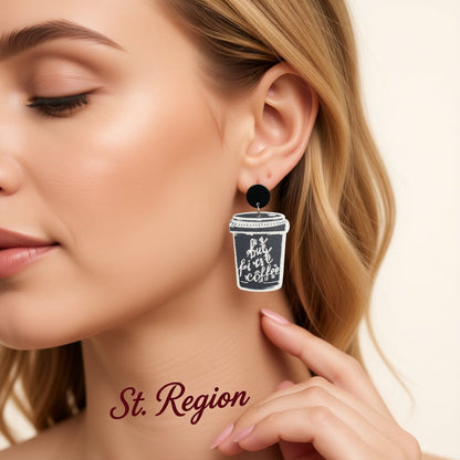 Black and Silver-Plated 'But First Coffee' Drop Earrings, silver drop earrings for women, everyday style, styled look