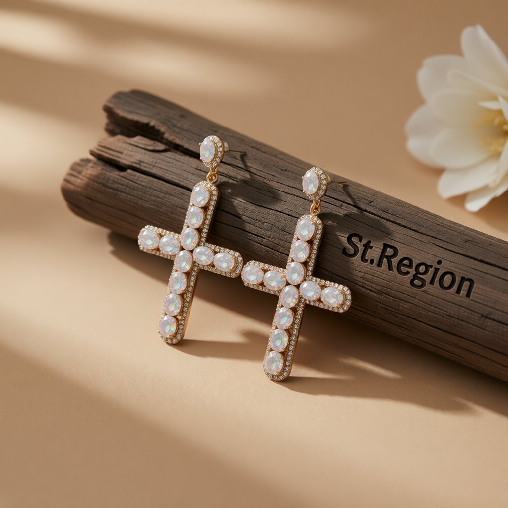 Crystal and Cubic Zirconia 18K Gold-Plated Cross Drop Earrings, gold drop earrings for women, everyday style, front view