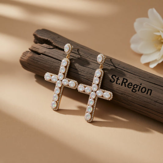 Crystal and Cubic Zirconia 18K Gold-Plated Cross Drop Earrings, gold drop earrings for women, front view