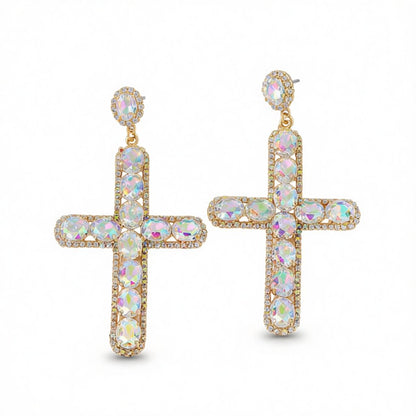 Crystal and Cubic Zirconia 18K Gold-Plated Cross Drop Earrings, gold drop earrings for women, everyday style, side view
