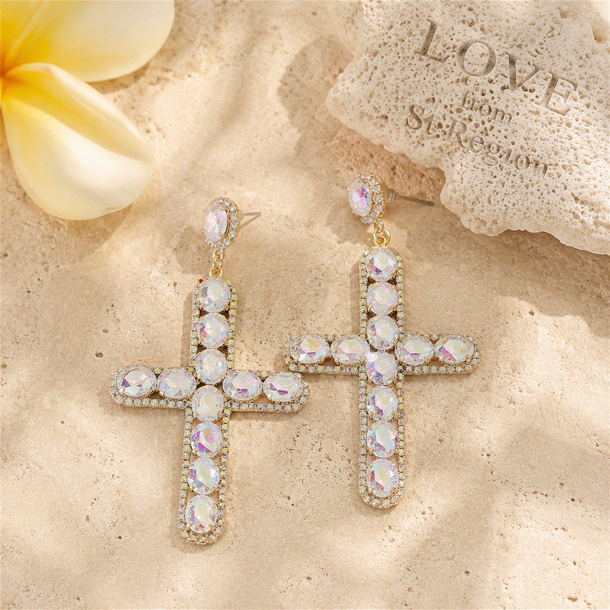 Crystal and Cubic Zirconia 18K Gold-Plated Cross Drop Earrings, gold drop earrings for women, everyday style, lifestyle look