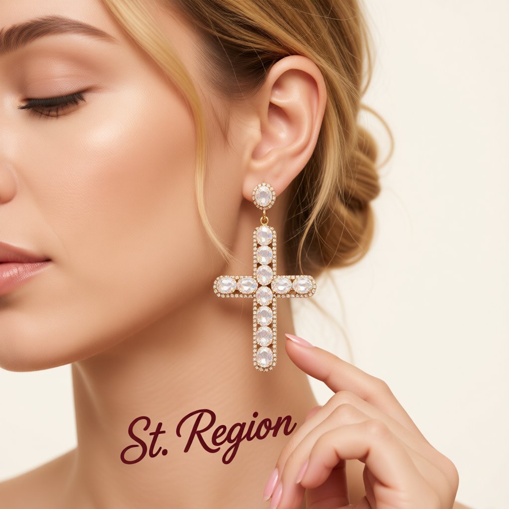 Crystal and Cubic Zirconia 18K Gold-Plated Cross Drop Earrings, gold drop earrings for women, everyday style, styled look