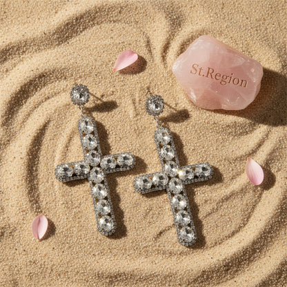 Crystal and Cubic Zirconia Silver-Plated Cross Drop Earrings, silver drop earrings for women, detail close-up