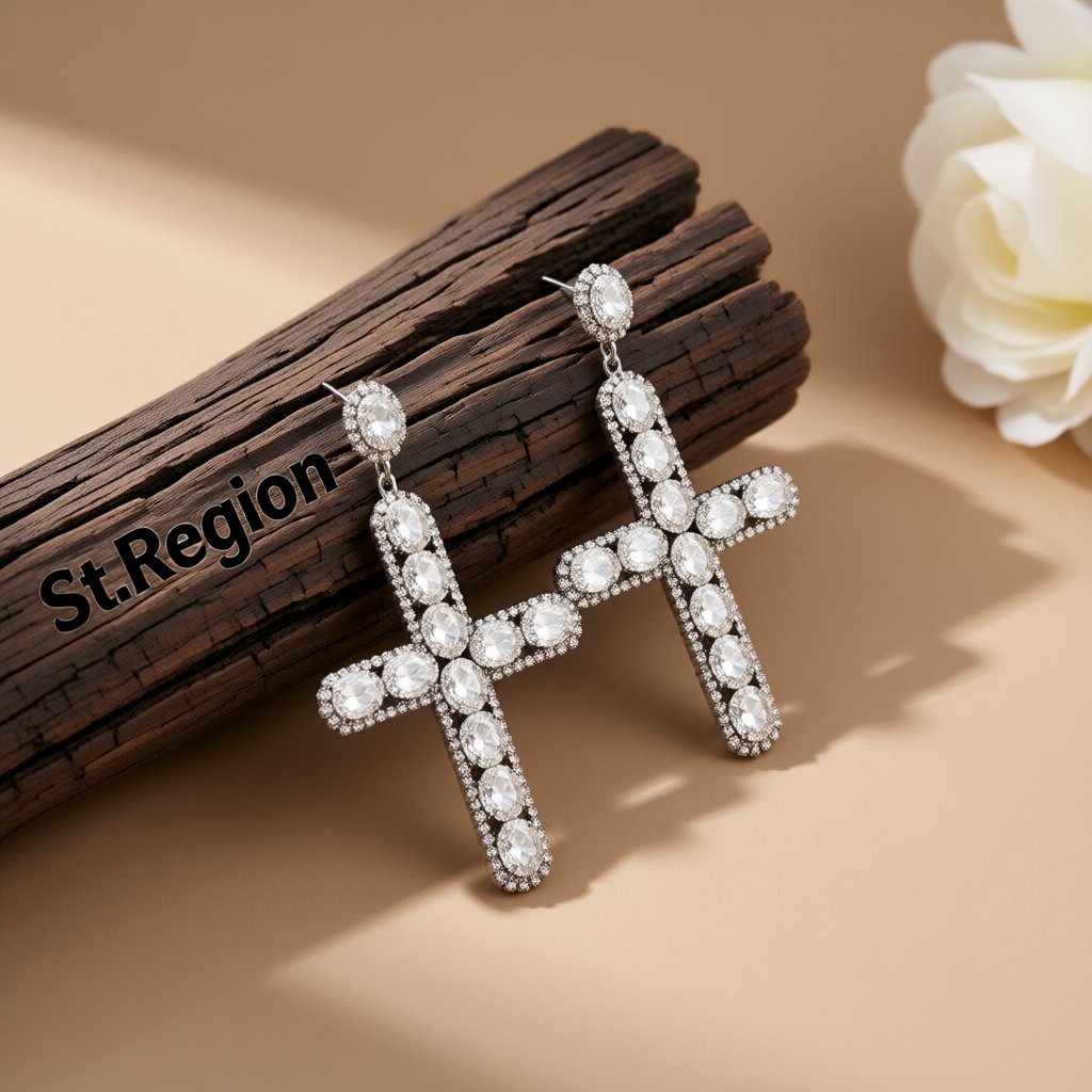 Crystal and Cubic Zirconia Silver-Plated Cross Drop Earrings, silver drop earrings for women, front view
