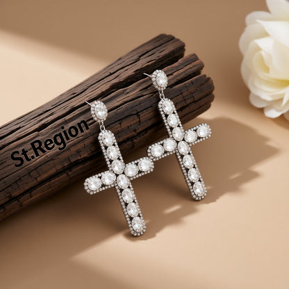 Crystal and Cubic Zirconia Silver-Plated Cross Drop Earrings, silver drop earrings for women, front view