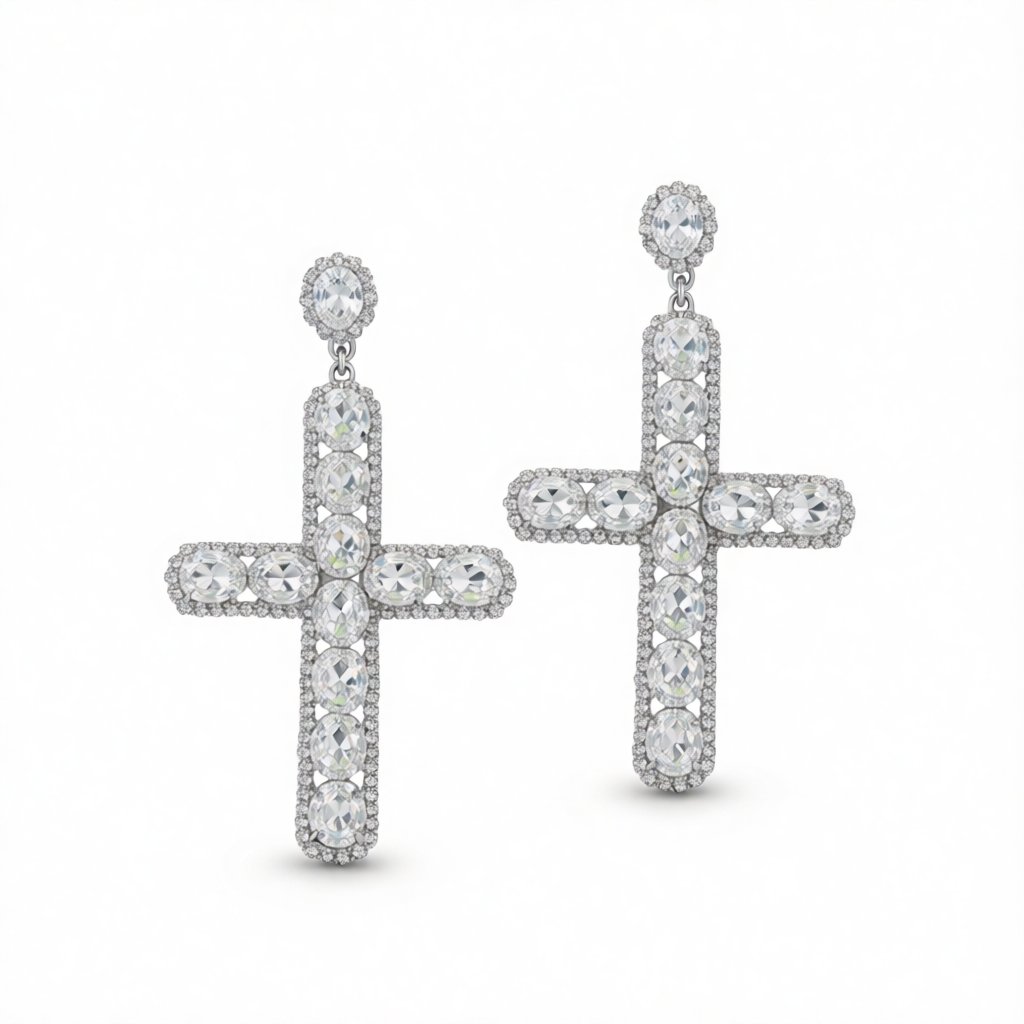 Crystal and Cubic Zirconia Silver-Plated Cross Drop Earrings, silver drop earrings for women, elegant gift for her, side view