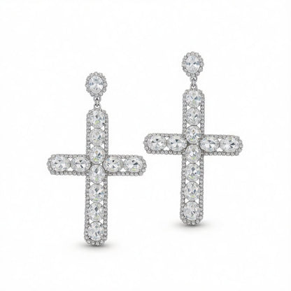Crystal and Cubic Zirconia Silver-Plated Cross Drop Earrings, silver drop earrings for women, elegant gift for her, side view