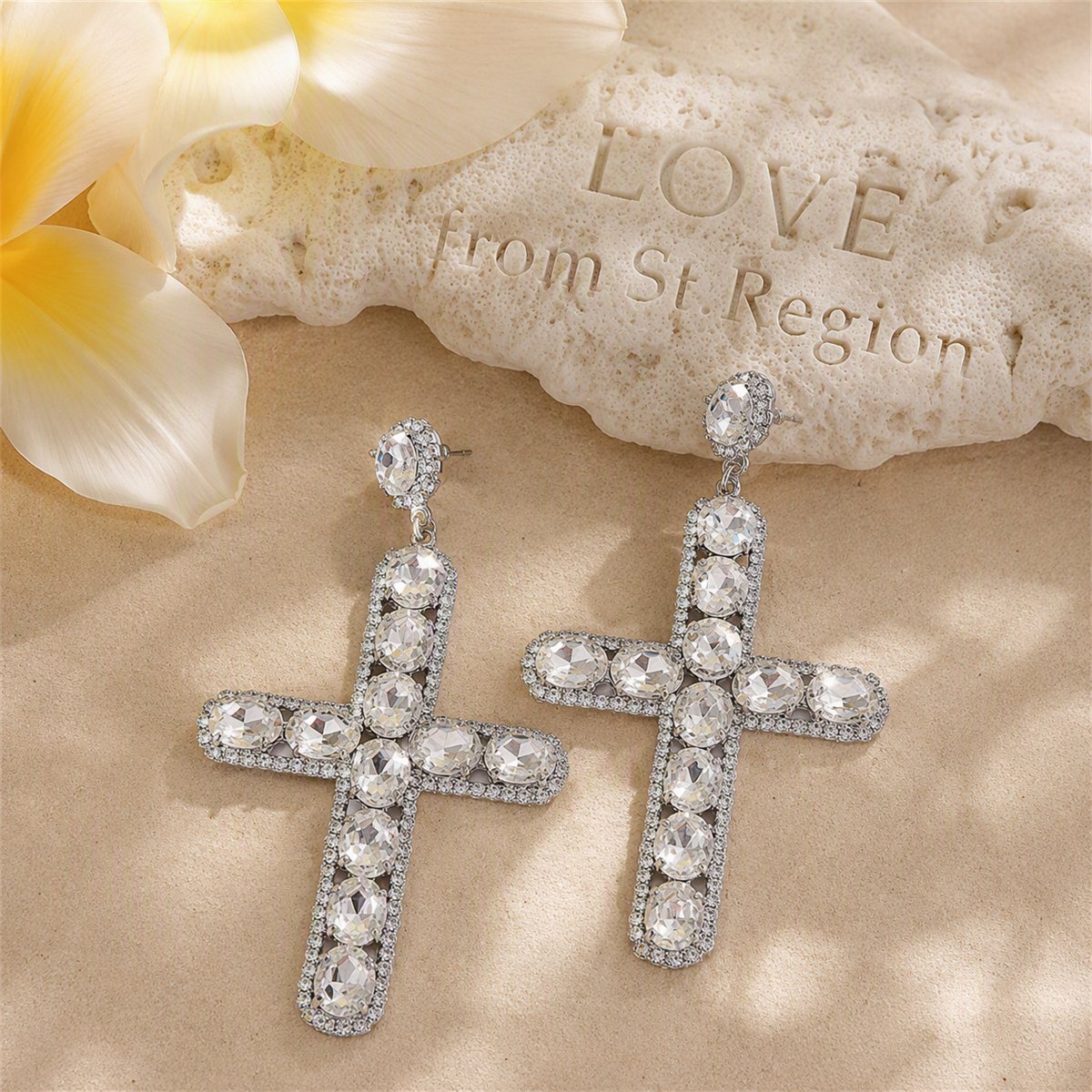 Crystal and Cubic Zirconia Silver-Plated Cross Drop Earrings, silver drop earrings for women, lifestyle look