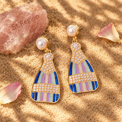 Blue Enamel and Pearl 18K Gold-Plated Sparkling Champagne Drop Earrings, gold drop earrings for women, detail close-up