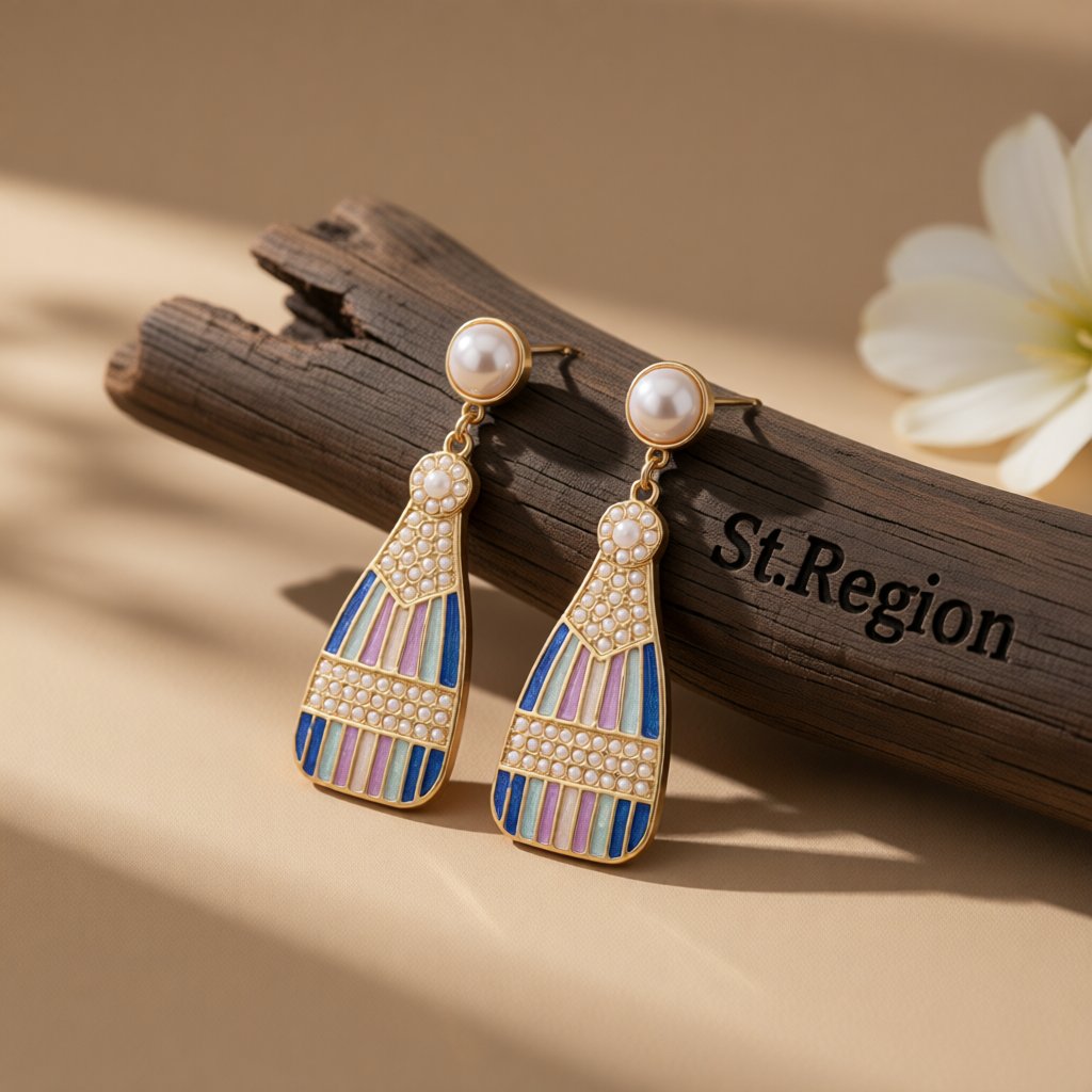 Blue Enamel and Pearl 18K Gold-Plated Sparkling Champagne Drop Earrings, gold drop earrings for women, front view
