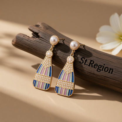 Blue Enamel and Pearl 18K Gold-Plated Sparkling Champagne Drop Earrings, gold drop earrings for women, front view