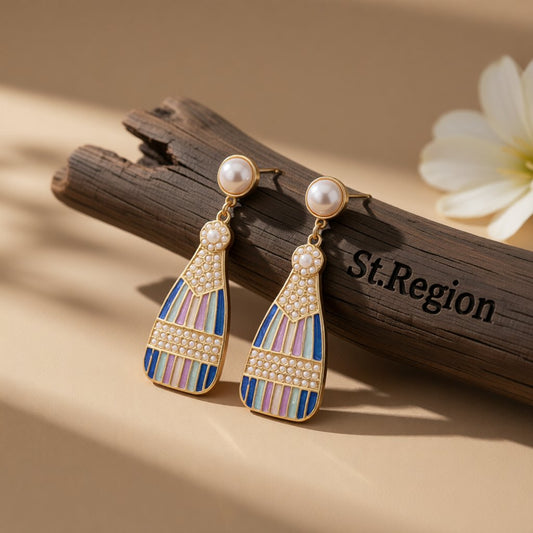Blue Enamel and Pearl 18K Gold-Plated Sparkling Champagne Drop Earrings, gold drop earrings for women, front view