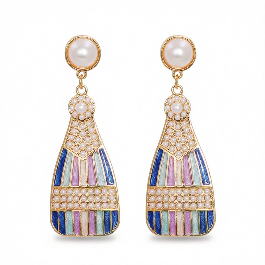 Blue Enamel and Pearl 18K Gold-Plated Sparkling Champagne Drop Earrings, gold drop earrings for women, side view