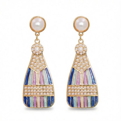 Blue Enamel and Pearl 18K Gold-Plated Sparkling Champagne Drop Earrings, gold drop earrings for women, side view