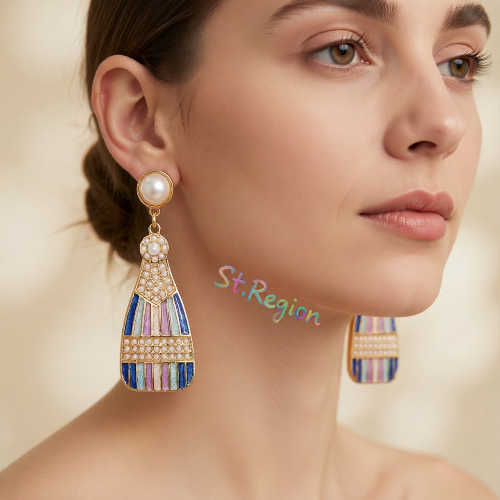 Blue Enamel and Pearl 18K Gold-Plated Sparkling Champagne Drop Earrings, gold drop earrings for women, styled look