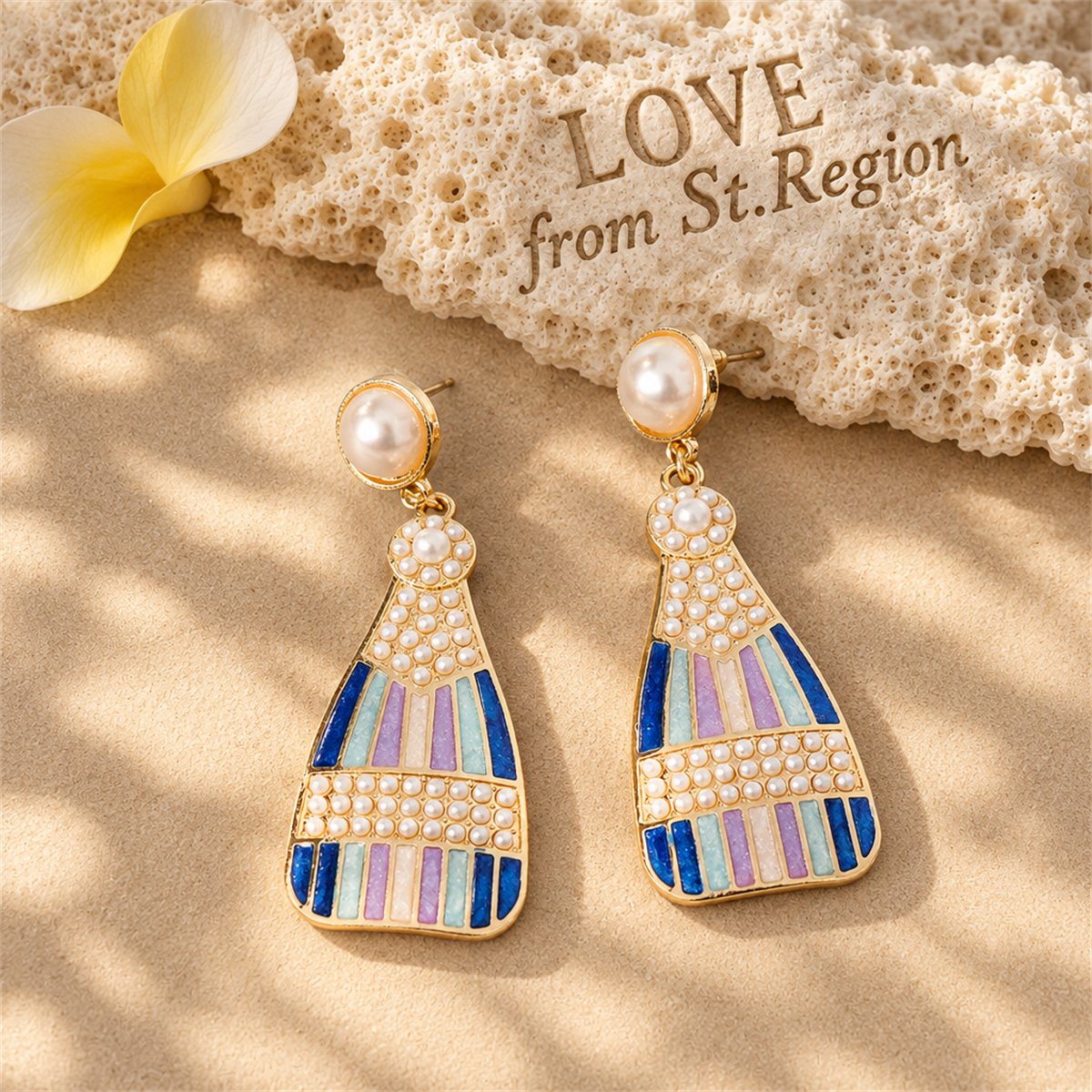 Blue Enamel and Pearl 18K Gold-Plated Sparkling Champagne Drop Earrings, gold drop earrings for women, lifestyle look