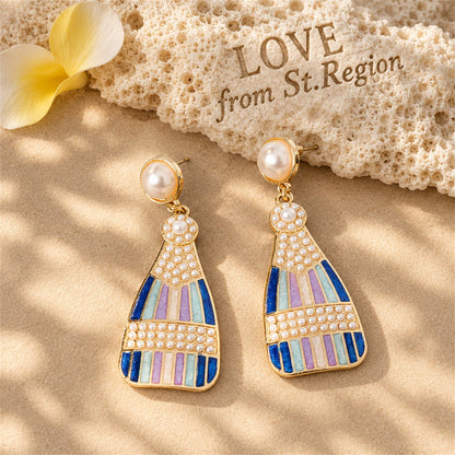 Blue Enamel and Pearl 18K Gold-Plated Sparkling Champagne Drop Earrings, gold drop earrings for women, lifestyle look