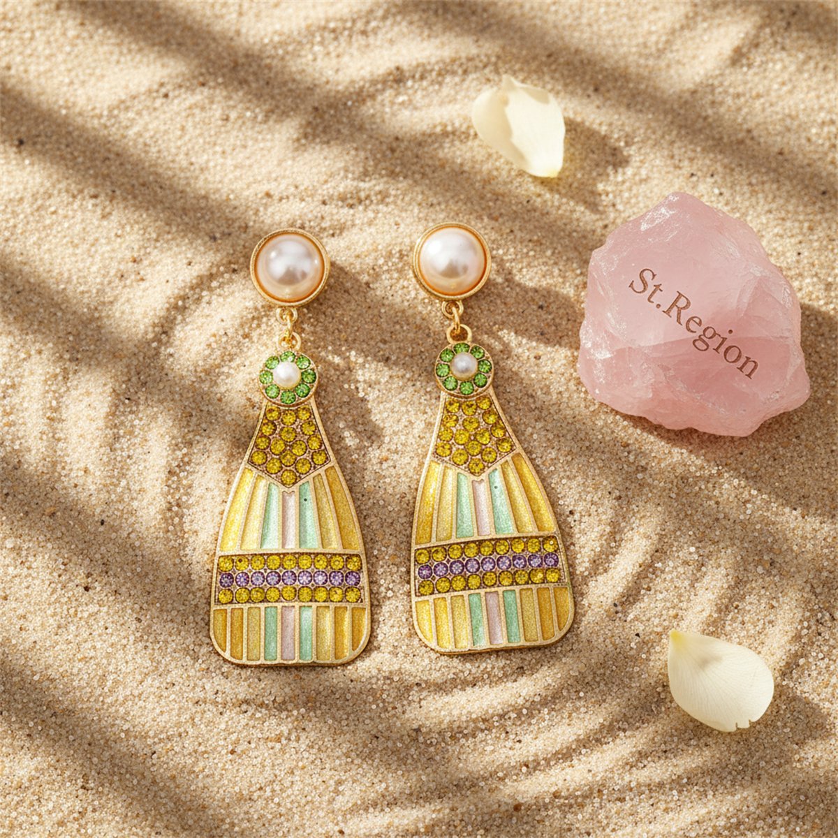 Pearl and Multicolor Cubic Zirconia 18K Gold-Plated Bottle Drop Earrings, gold drop earrings for women, detail close-up