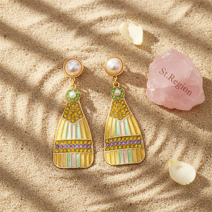 Pearl and Multicolor Cubic Zirconia 18K Gold-Plated Bottle Drop Earrings, gold drop earrings for women, detail close-up