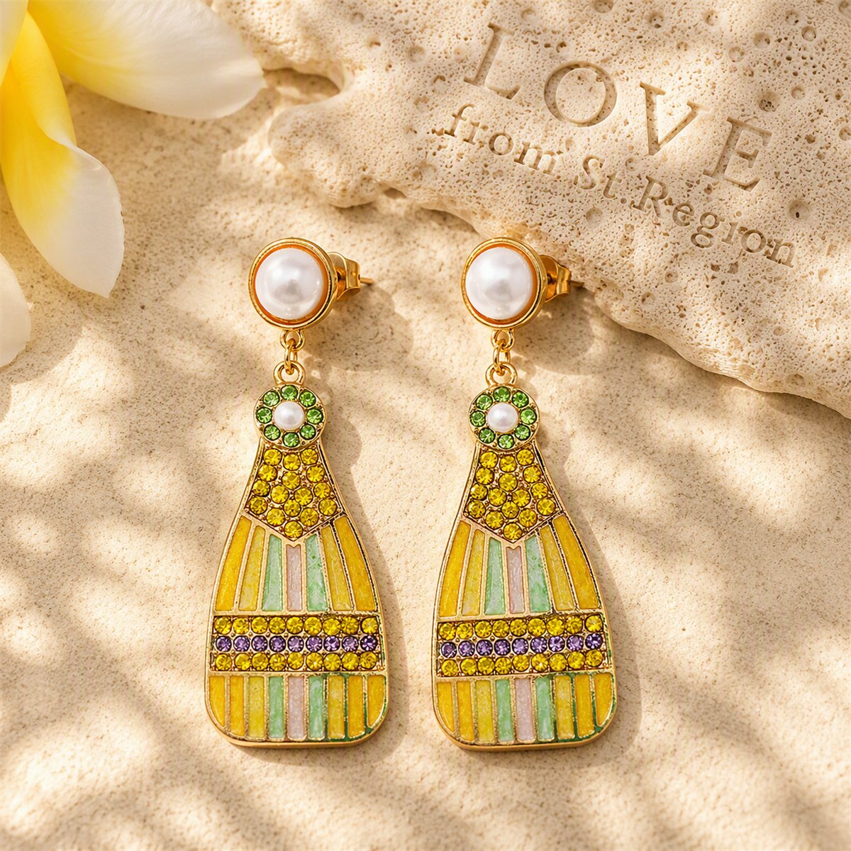 Pearl and Multicolor Cubic Zirconia 18K Gold-Plated Bottle Drop Earrings, gold drop earrings for women, lifestyle look
