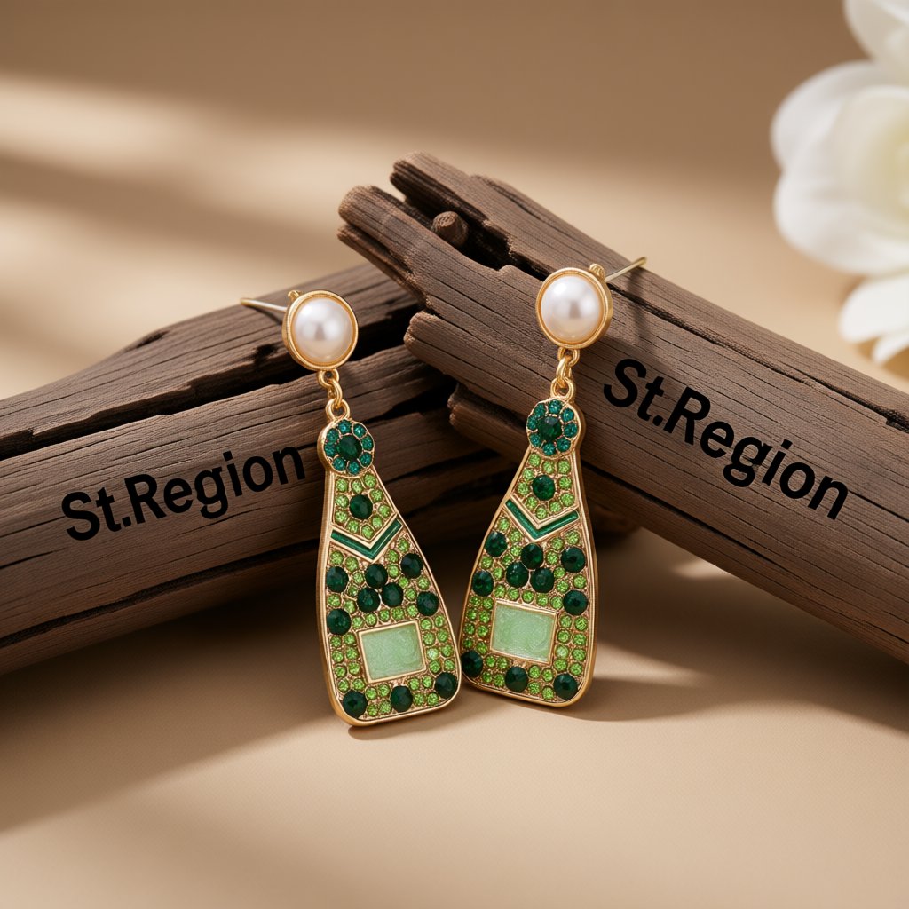 Green Cubic Zirconia and Pearl 18K Gold-Plated Sparkling Champagne Drop Earrings, gold drop earrings for women, front view