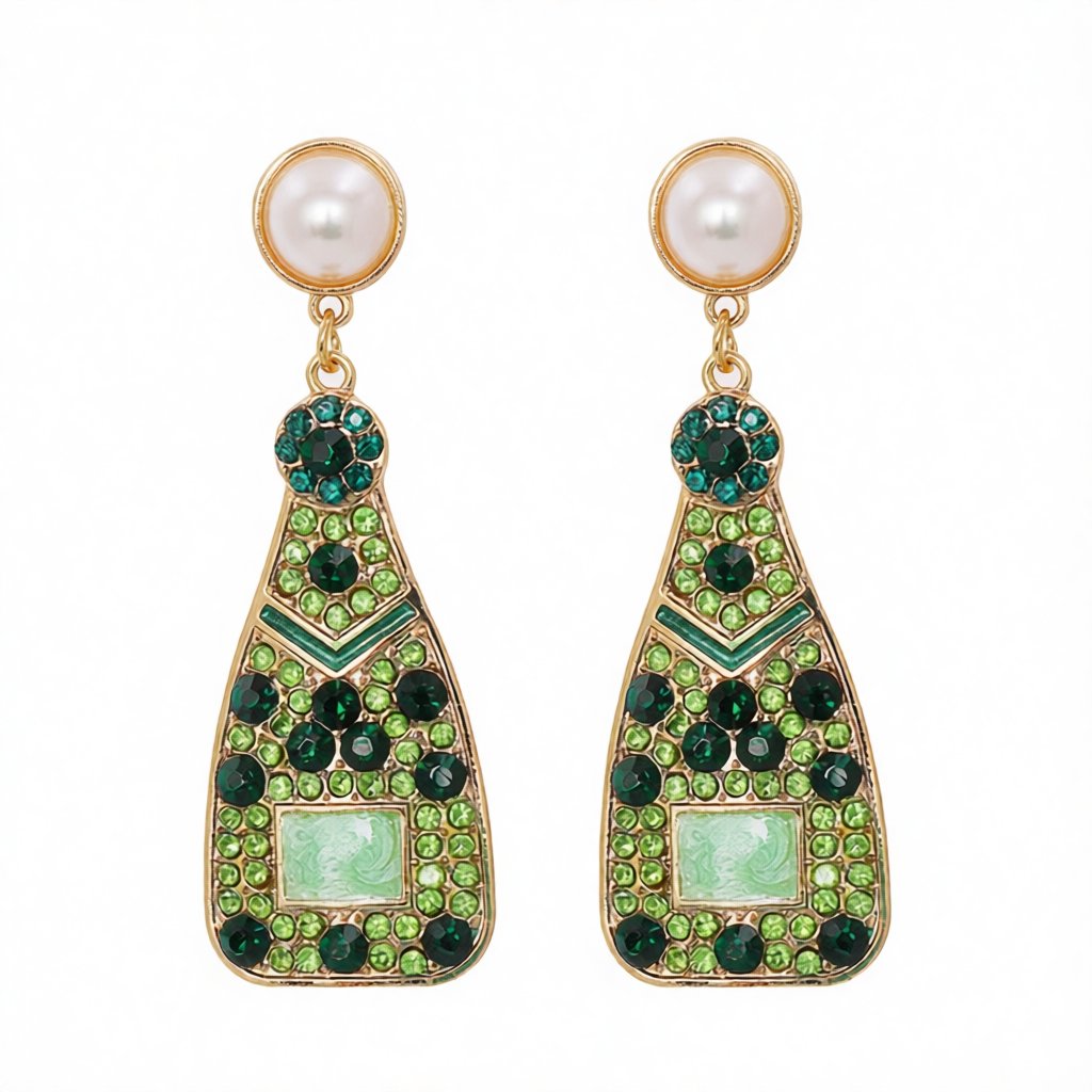 Green Cubic Zirconia and Pearl 18K Gold-Plated Sparkling Champagne Drop Earrings, gold drop earrings for women, side view