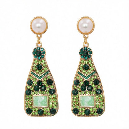 Green Cubic Zirconia and Pearl 18K Gold-Plated Sparkling Champagne Drop Earrings, gold drop earrings for women, side view