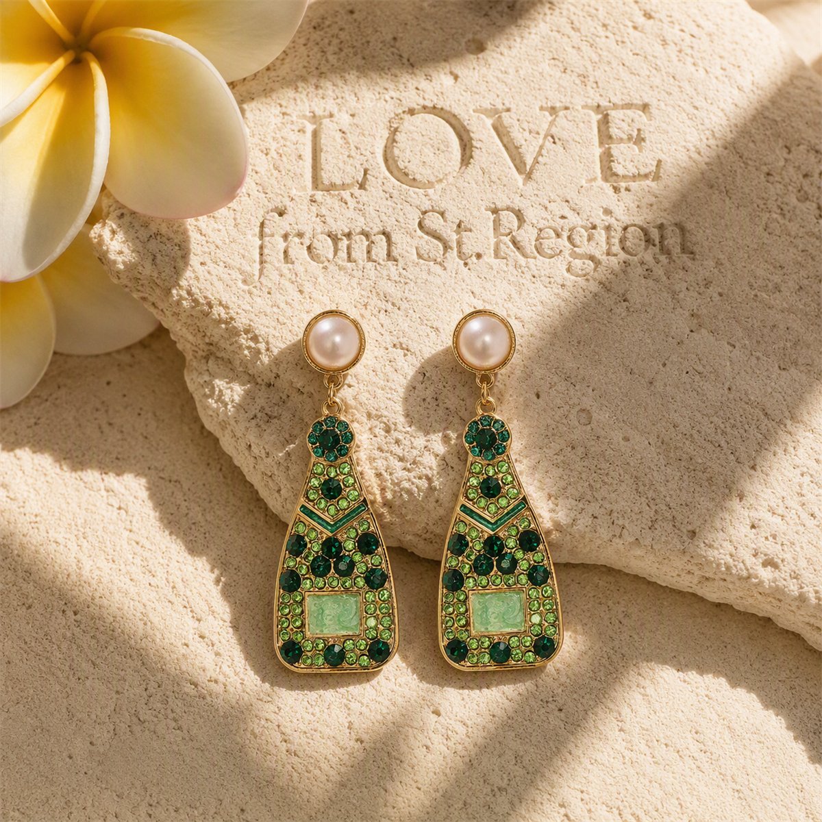 Green Cubic Zirconia and Pearl 18K Gold-Plated Sparkling Champagne Drop Earrings, gold drop earrings for..., lifestyle look