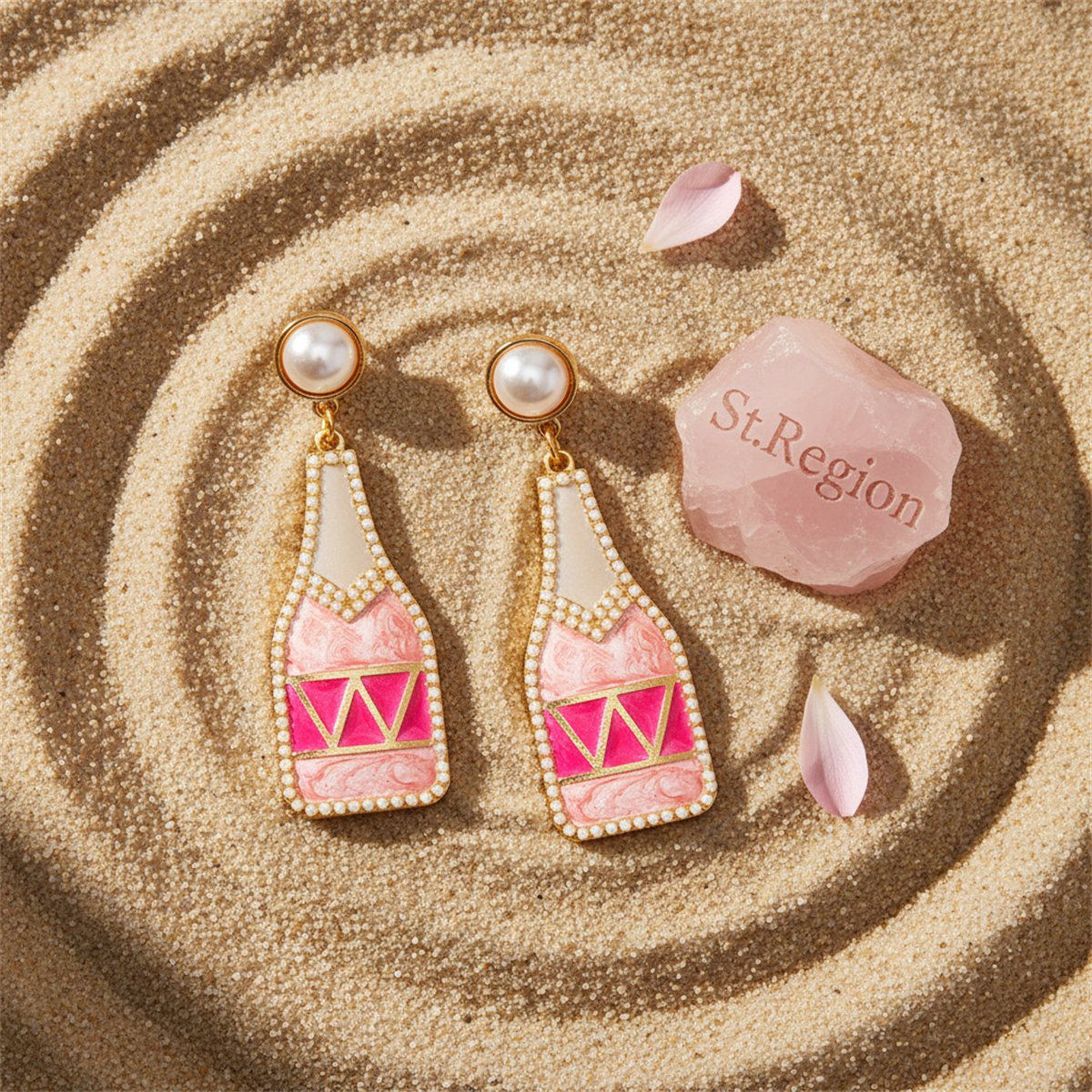 Pink Enamel and Pearl 18K Gold-Plated Bottle Drop Earrings, gold drop earrings for women, detail close-up