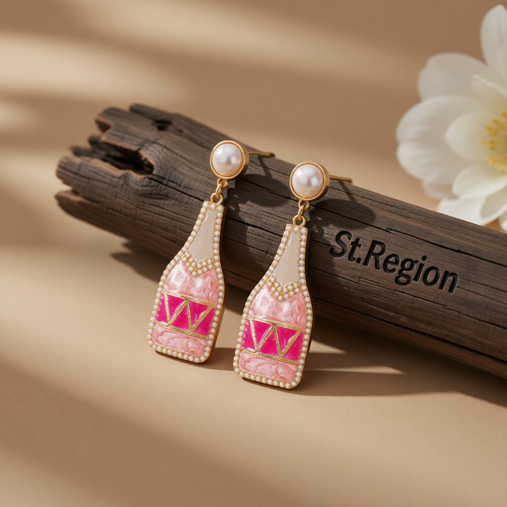 Pink Enamel and Pearl 18K Gold-Plated Bottle Drop Earrings, gold drop earrings for women, front view