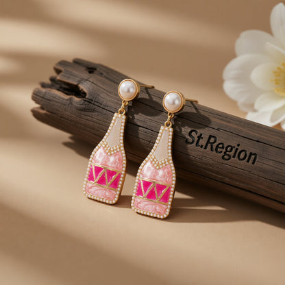 Pink Enamel and Pearl 18K Gold-Plated Bottle Drop Earrings, gold drop earrings for women, front view