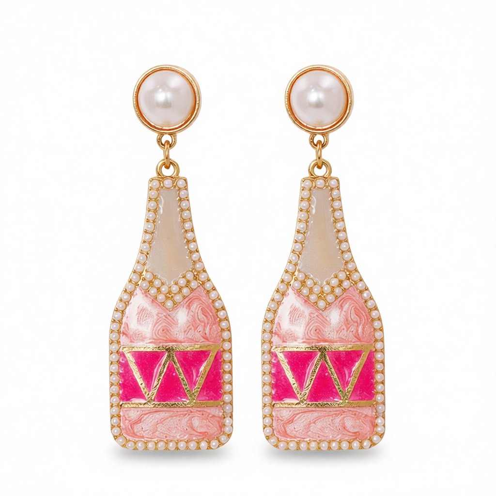 Pink Enamel and Pearl 18K Gold-Plated Bottle Drop Earrings, gold drop earrings for women, dainty minimalist design, side view
