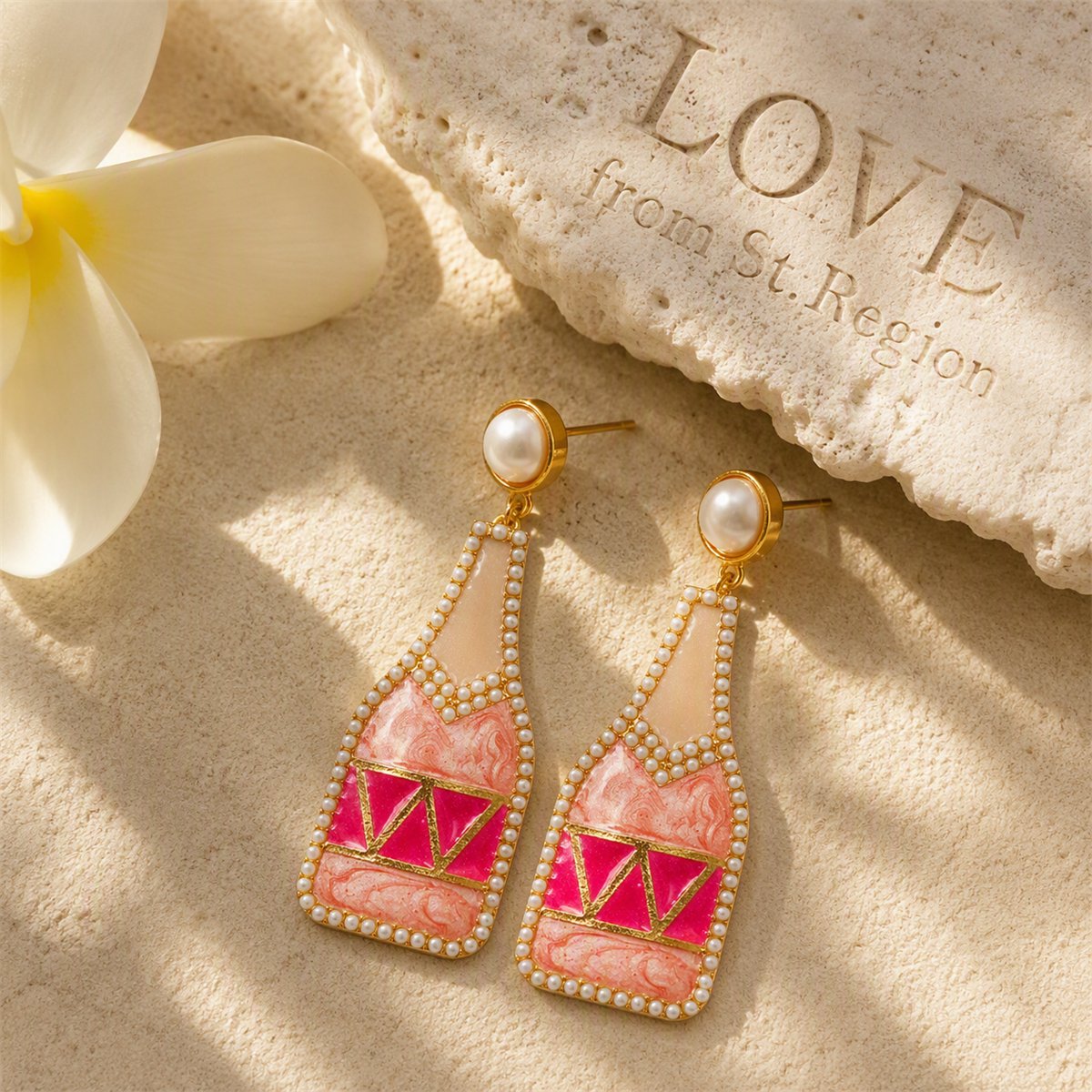 Pink Enamel and Pearl 18K Gold-Plated Bottle Drop Earrings, gold drop earrings for women, lifestyle look