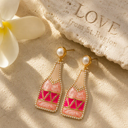 Pink Enamel and Pearl 18K Gold-Plated Bottle Drop Earrings, gold drop earrings for women, lifestyle look