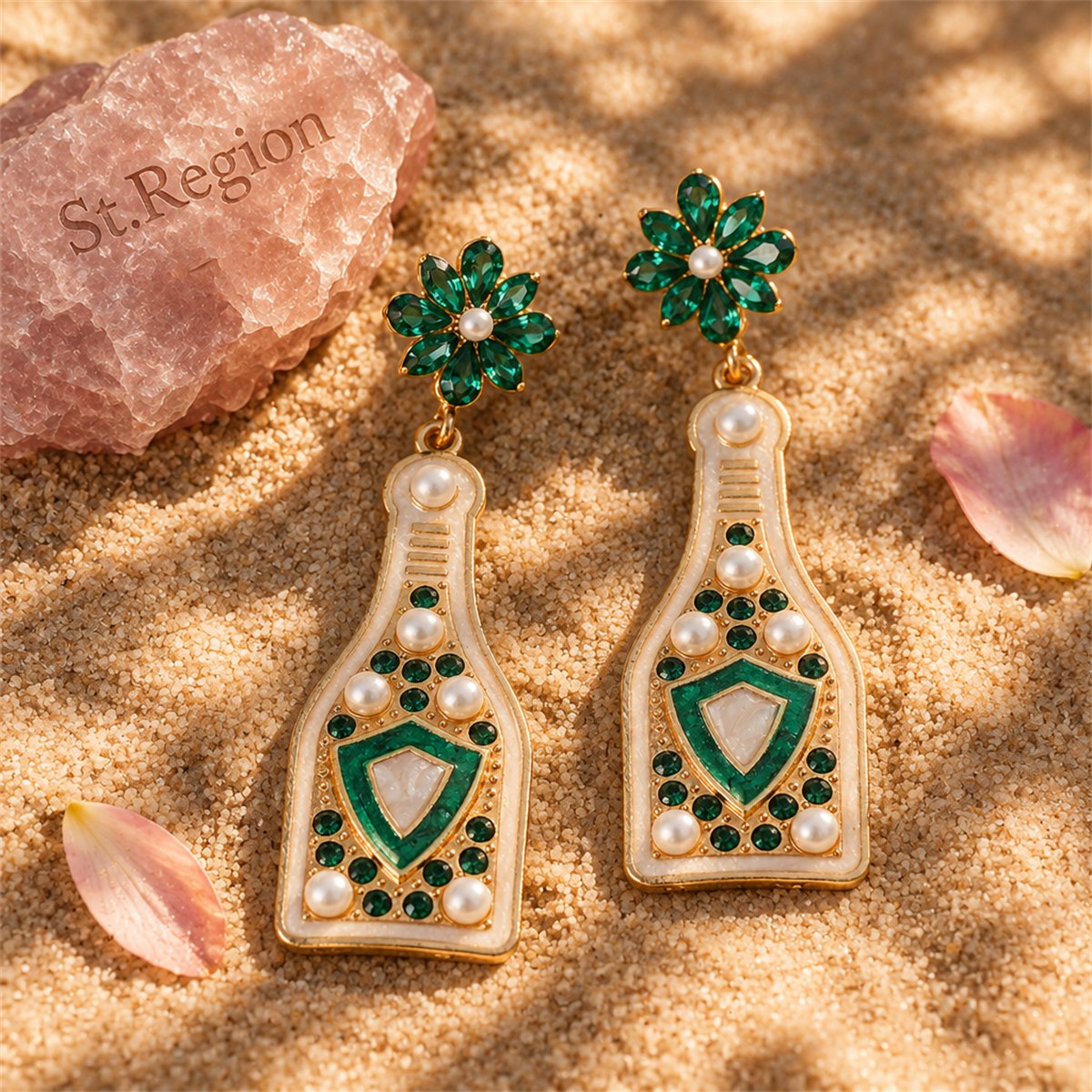 Green Crystal and Pearl 18K Gold-Plated Shield Bottle Drop Earrings, gold drop earrings for women, detail close-up