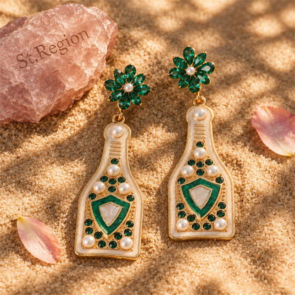 Green Crystal and Pearl 18K Gold-Plated Shield Bottle Drop Earrings, gold drop earrings for women, detail close-up