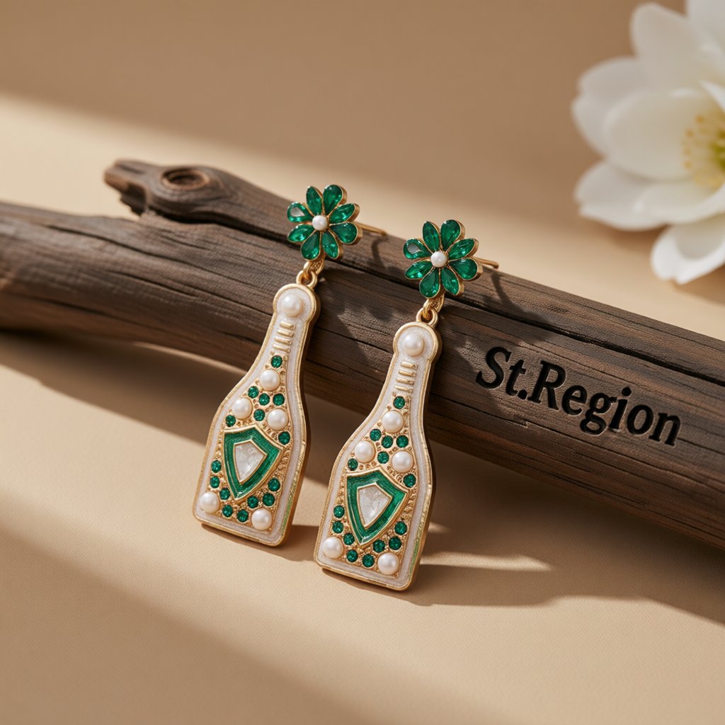 Green Crystal and Pearl 18K Gold-Plated Shield Bottle Drop Earrings, gold drop earrings for women, front view