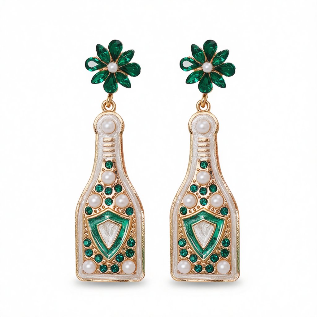 Green Crystal and Pearl 18K Gold-Plated Shield Bottle Drop Earrings, gold drop earrings for women, side view