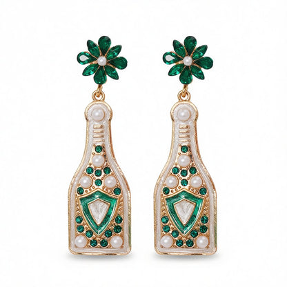 Green Crystal and Pearl 18K Gold-Plated Shield Bottle Drop Earrings, gold drop earrings for women, side view