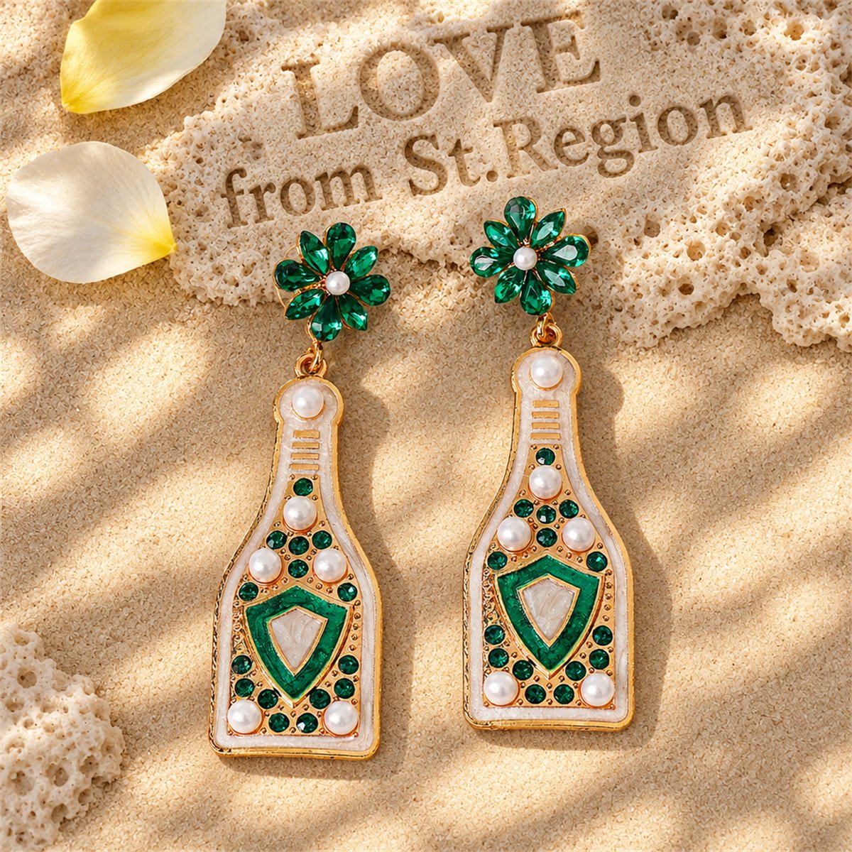 Green Crystal and Pearl 18K Gold-Plated Shield Bottle Drop Earrings, gold drop earrings for women, lifestyle look