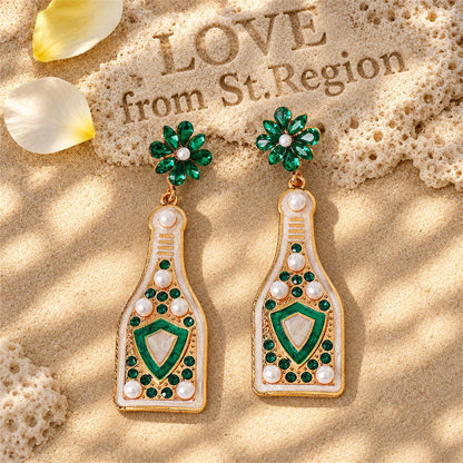Green Crystal and Pearl 18K Gold-Plated Shield Bottle Drop Earrings, gold drop earrings for women, lifestyle look
