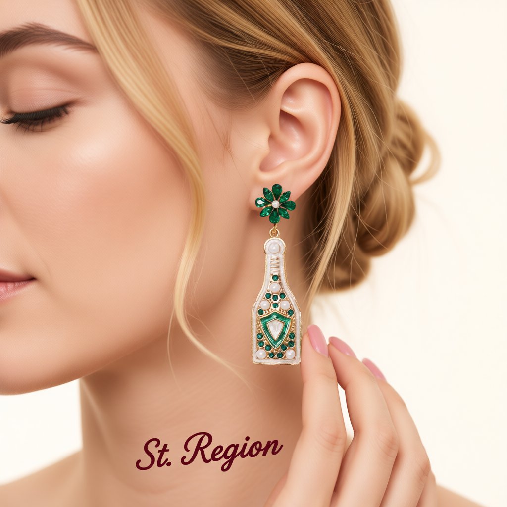 Green Crystal and Pearl 18K Gold-Plated Shield Bottle Drop Earrings, gold drop earrings for women, styled look