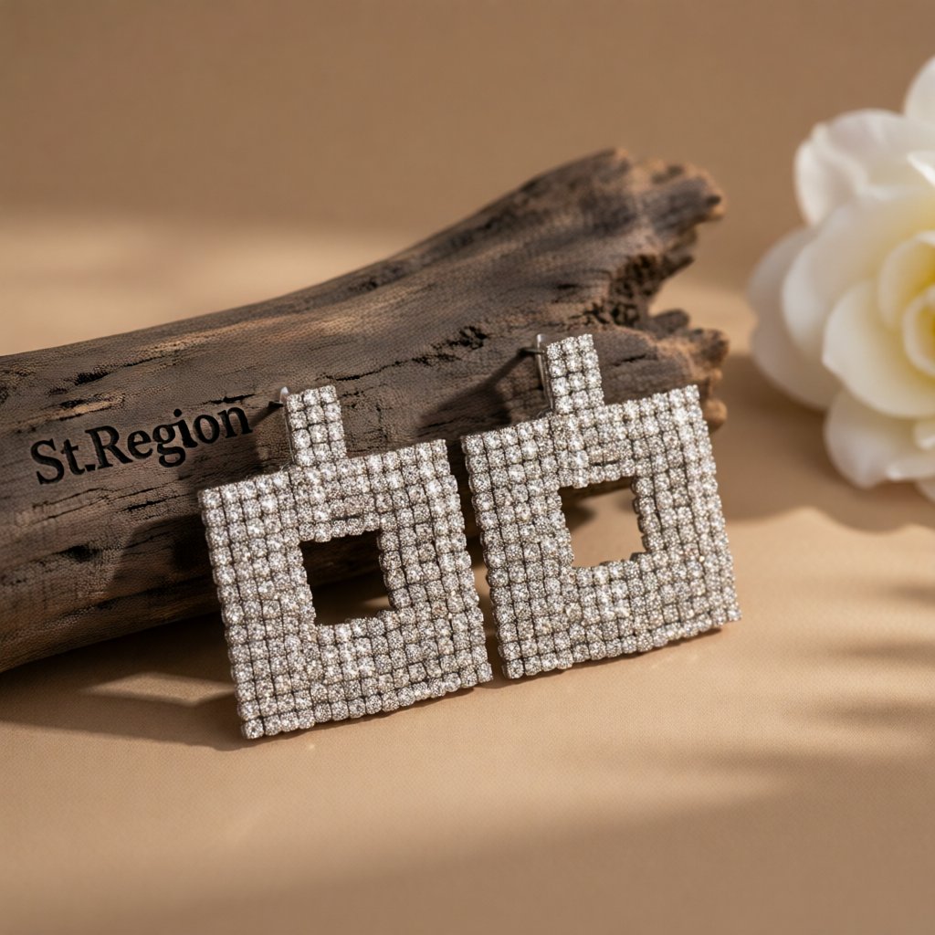 Cubic Zirconia and Silver-Plated Open Square Drop Earrings, silver drop earrings for women, everyday style, front view